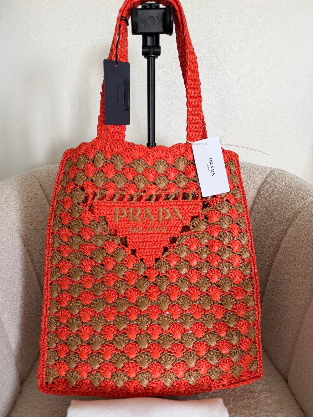 Prada Large Raffia Crochet Tote Bag Orange Brown Shopping Bag NWT - Picture 14 of 14